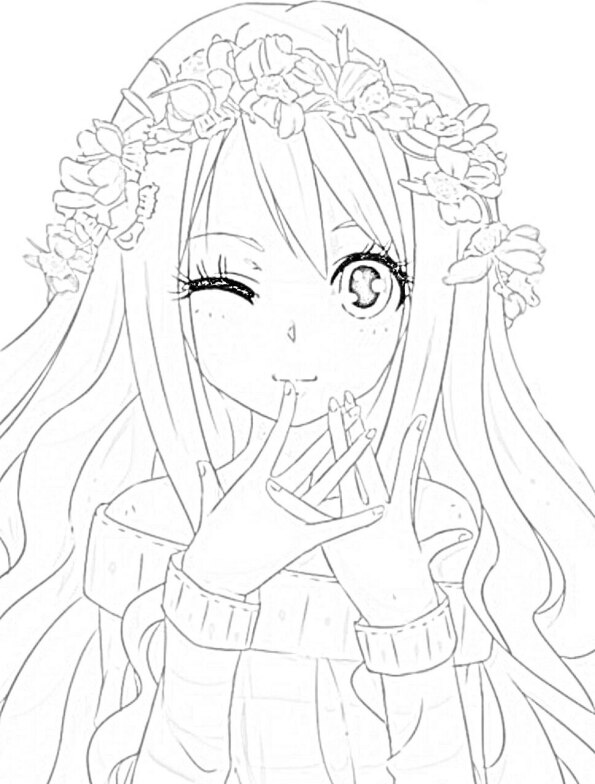 Dibujo chica Kawaii con flores
