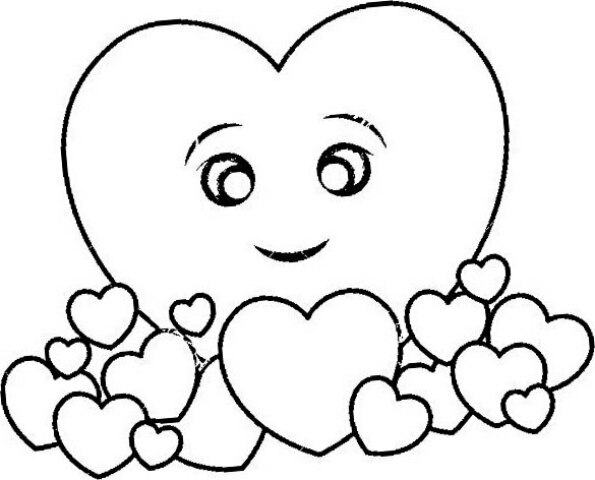 Dibujo de corazón y corazoncitos Kawaii con para colorear e imprimir
