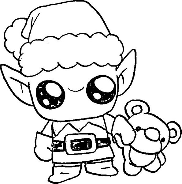 Dibujo de Navidad para colorear de elfo Kawaii con osito de peluche