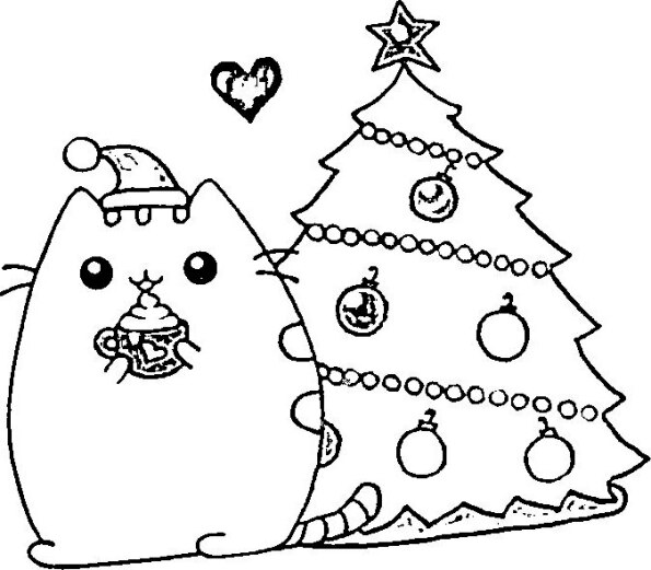 Dibujo de Navidad para colorear de gatito Kawaii con árbol de Navidad