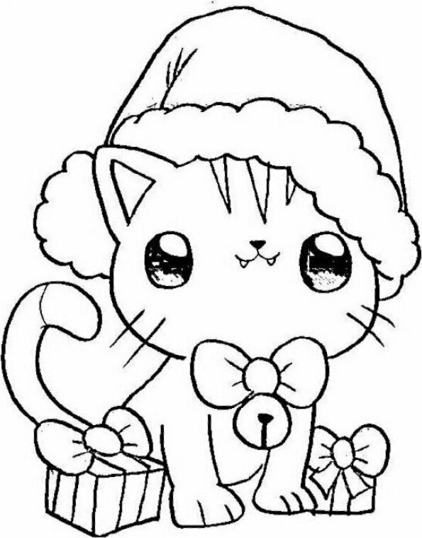 Dibujo de Navidad para colorear de gatito Kawaii con caja de regalos