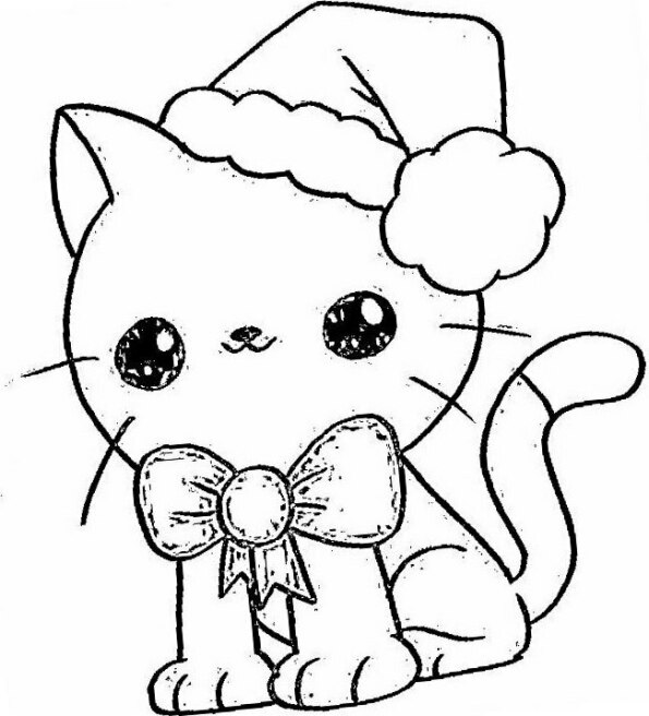 Dibujo de Navidad para colorear de gatito Kawaii