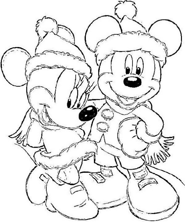 Dibujo de Navidad para colorear de Mickey y Minnie vestidos de Santa Claus