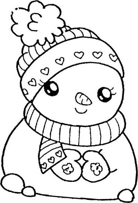 Dibujo de Navidad para colorear de muñeco de nieve Kawaii con gorro, guantes y bufanda de lana