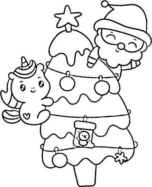 Dibujo de Navidad para colorear de papá Noel con árbol de Navidad unicornio Kawaii