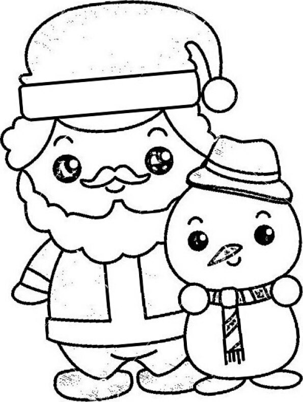 Dibujo de Navidad para colorear de papá Noel y muñeco de nieve Kawaii 2
