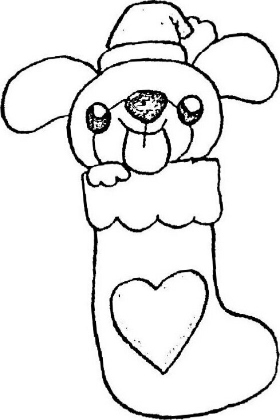 Dibujo de Navidad para colorear de perrito dentro de calcetín Kawaii
