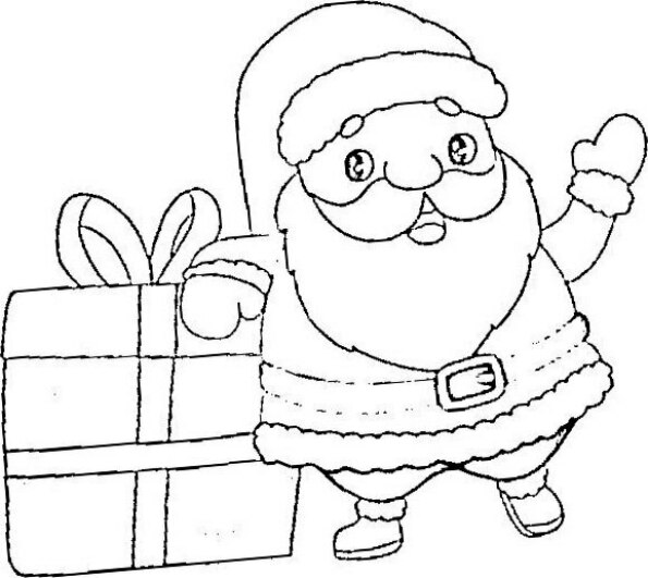 Dibujo de Navidad para colorear de Santa Claus Kawaii con caja grande de regalo