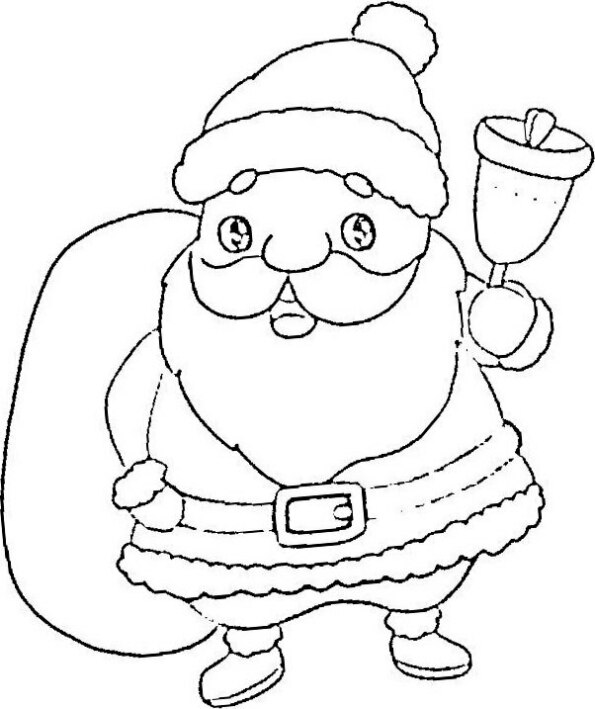 Dibujo de Navidad para colorear de Santa Claus Kawaii con saco de regalos y campanita