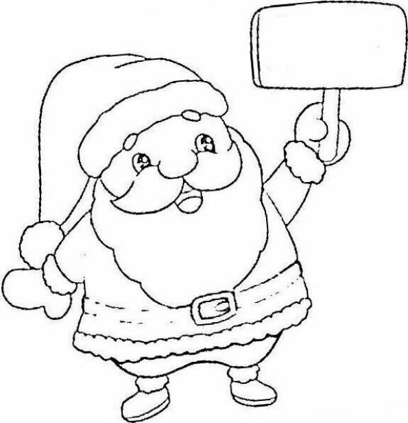 Dibujo de Navidad para colorear de Santa Claus Kawaii mostrando cartel