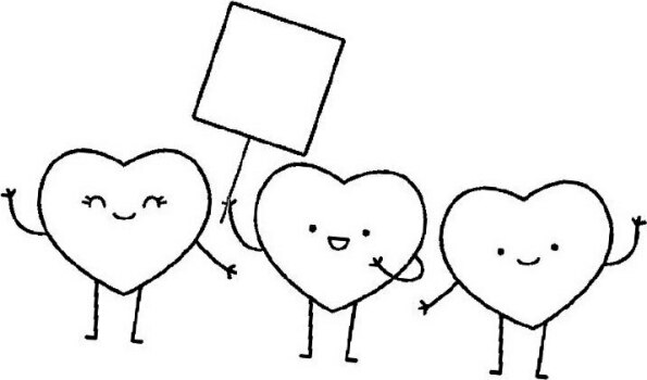 Dibujo de tres corazones con cartel Kawaii para colorear e imprimir