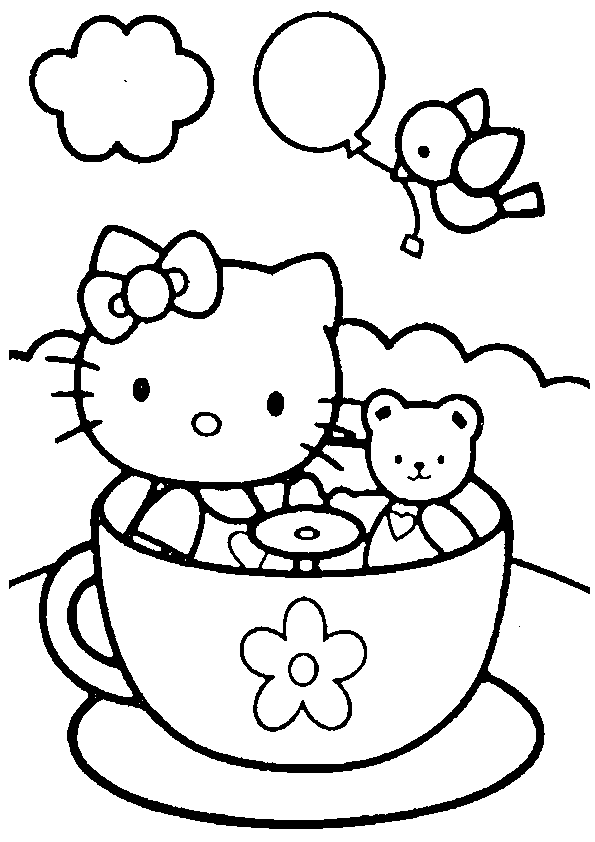 Dibujos de Hello Kitty en taza con osito y pájaro