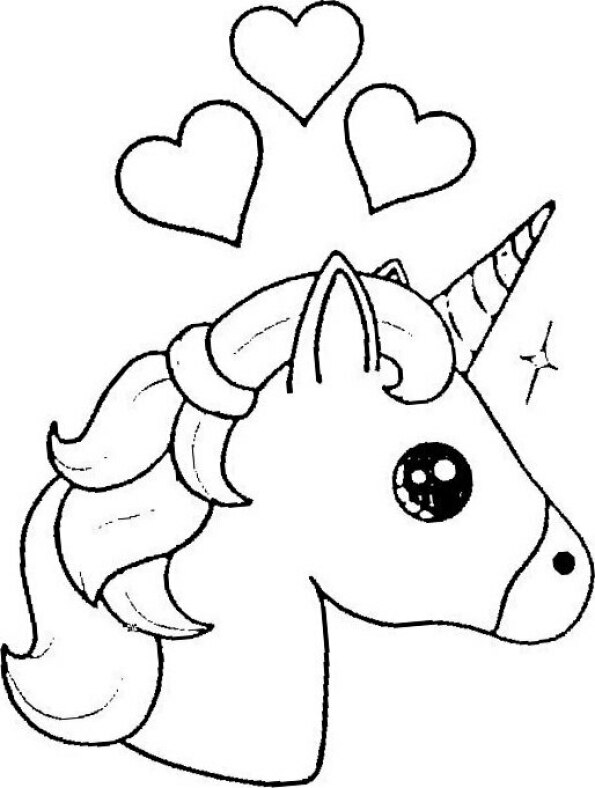 Dibujo Kawaii para colorear de cabeza de unicornio con tres corazones