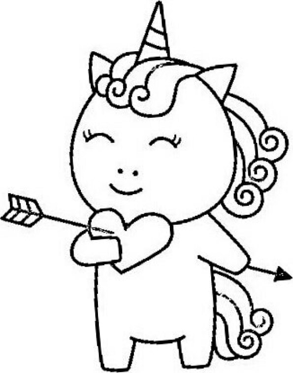 Dibujo Kawaii para colorear de chica unicornio enmorada con corazón y flecha