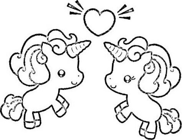 Dibujo Kawaii para colorear de dos unicornios y un corazón