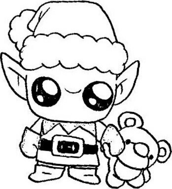Dibujo kawaii para colorear de elfo de Navidad con osito