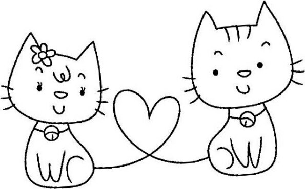 Dibujo Kawaii para colorear de gatitos con colas entrelazadas en forma de corazón