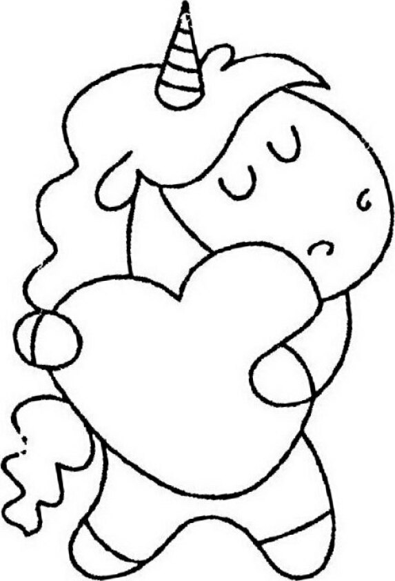 Dibujo Kawaii para colorear de unicornio abrazando corazón
