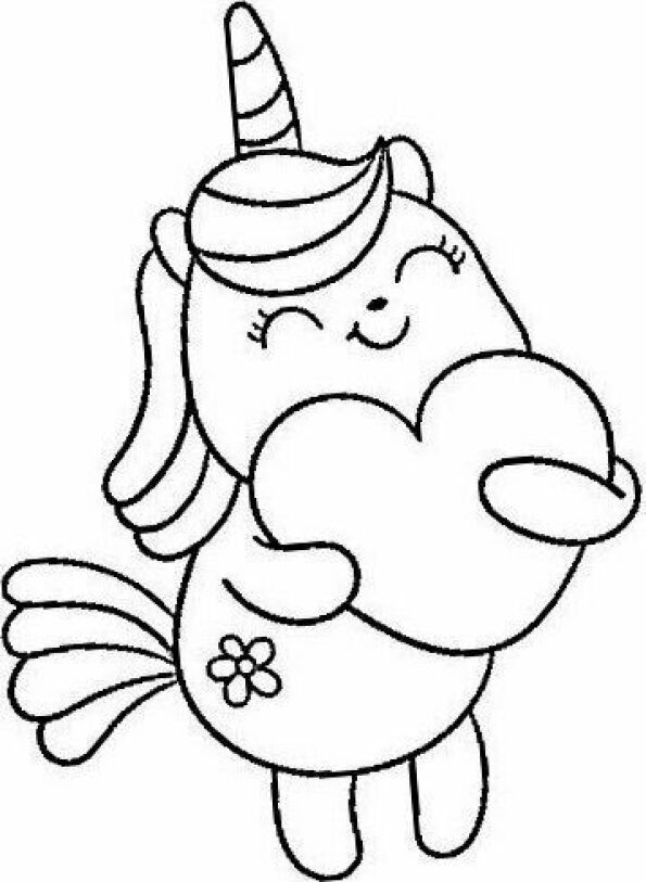 Dibujo Kawaii para colorear de unicornio abrazando un lindo corazón