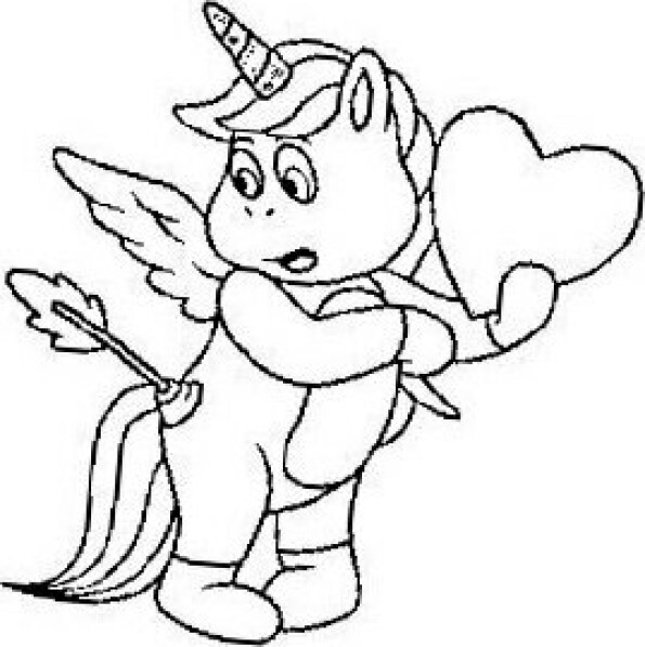 Dibujo Kawaii para colorear de unicornio con corazón alcanzado por cupido