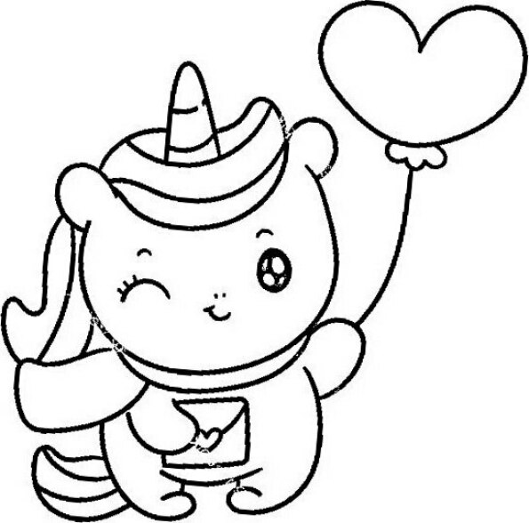 Dibujo Kawaii para colorear de unicornio con globo en forma de corazón