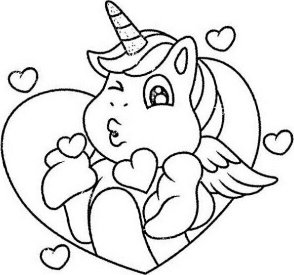 Dibujo Kawaii para colorear de unicornio dentro de corazón mandando besos