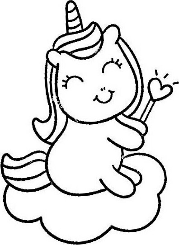 Dibujo Kawaii para colorear de unicornio flotando en una nube con varita en forma de corazón