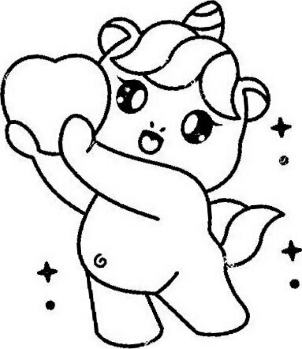Dibujo Kawaii para colorear de unicornio levantando corazón