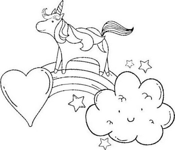 Dibujo Kawaii para colorear de unicornio sobre arcoiris corazón y nube