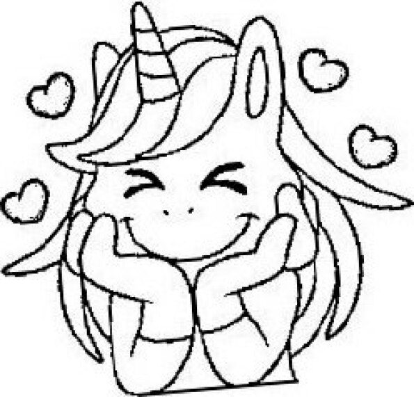 Dibujo Kawaii para colorear de unicornio sonriendo con corazones alrededor