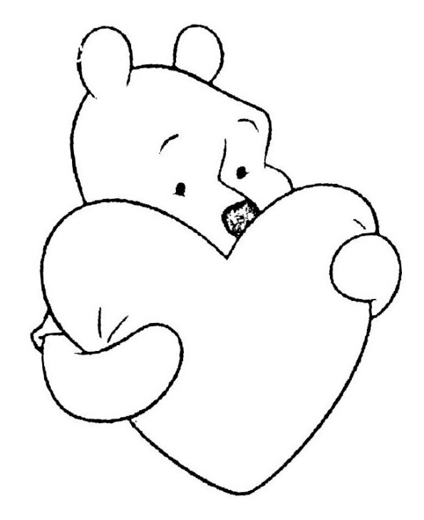 Dibujo Kawaii para colorear de Winnie the Pooh abrazando cojín en forma de corazón