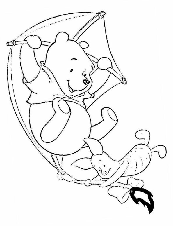 Dibujo Kawaii para colorear de Winnie the Pooh y Piglet en una cometa