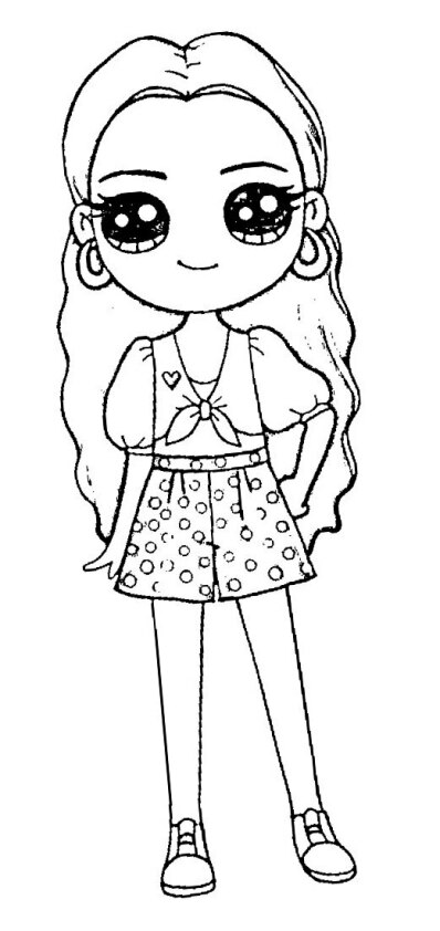 Dibujo para colorear de chica Kawaii con camiseta de lunares
