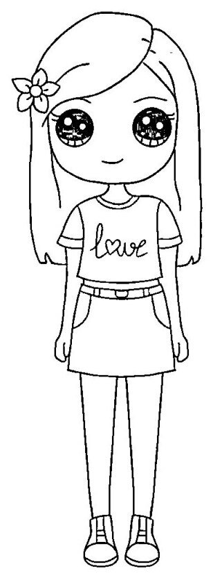 Dibujo para colorear de chica Kawaii con camiseta love