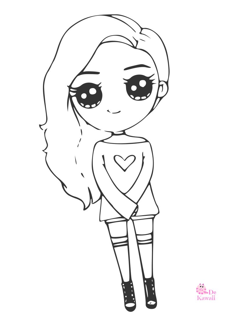 Dibujo para colorear de chica Kawaii con jersey de corazón