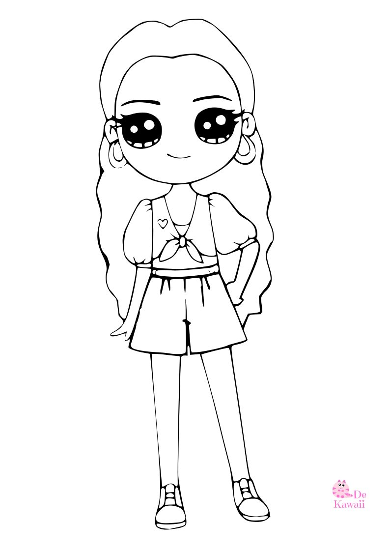 Dibujo para colorear de chica Kawaii con minifalda