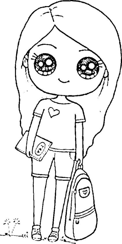 Dibujo para colorear de chica Kawaii con mochila y libreta