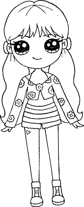 Dibujo para colorear de chica Kawaii con pantalón corto arcoiris
