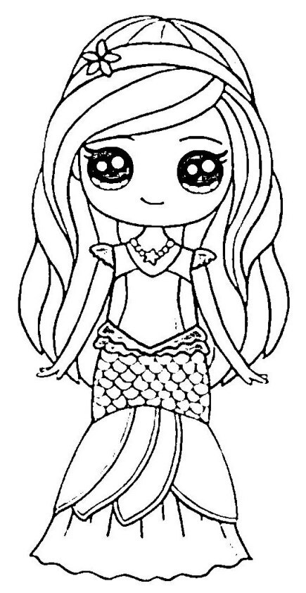 Dibujo para colorear de chica Kawaii con vestido de sirena