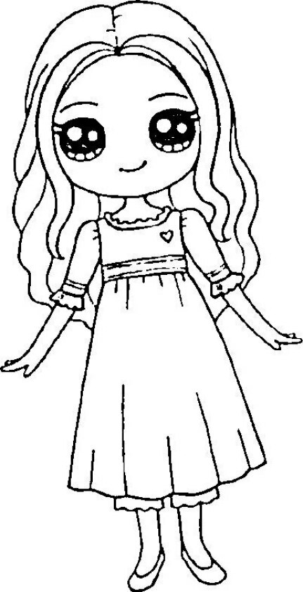 Dibujo para colorear de chica Kawaii con vestido largo