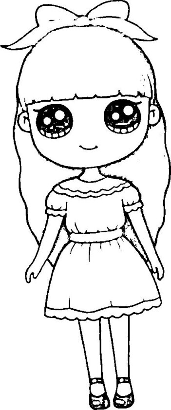Dibujo para colorear de chica Kawaii con vestido y lazo grande el el pelo