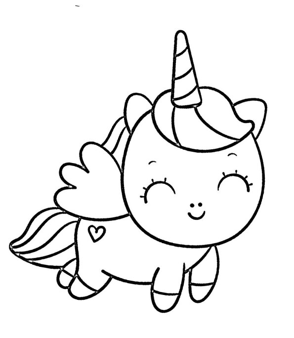Dibujo unicornio Kawaii con alas y corazones