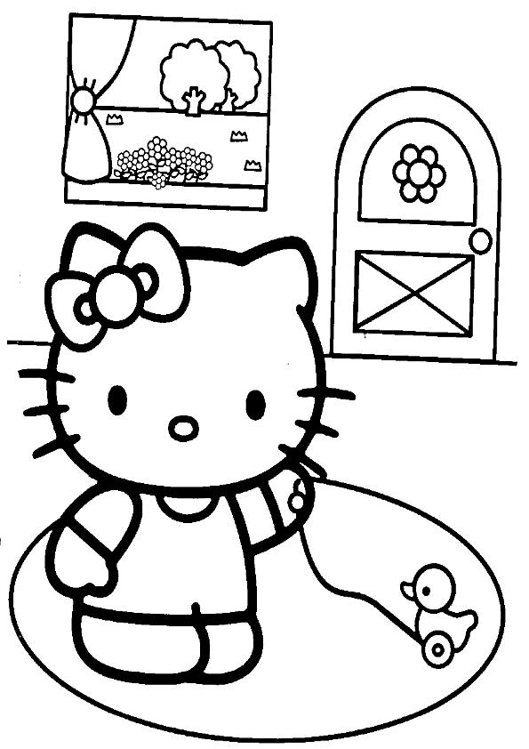 Dibujos de Hello Kitty jugando en casa con patito
