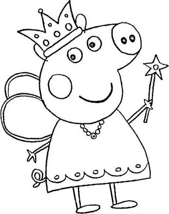 Dibujos kawaii para colorear de Peppa Pig con disfraz de princesa hada madrina y un collar muy chulo