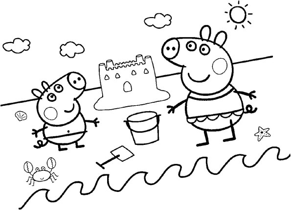 Dibujos kawaii para colorear de Peppa Pig con George construyendo castillos en la playa