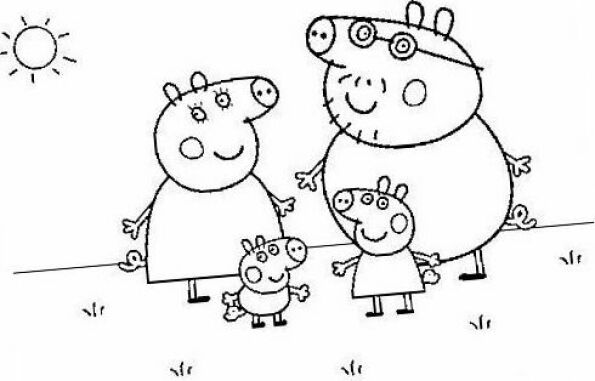 Dibujos kawaii para colorear de Peppa Pig con George , Mamá Pig y Papá Pig paseando por el campo