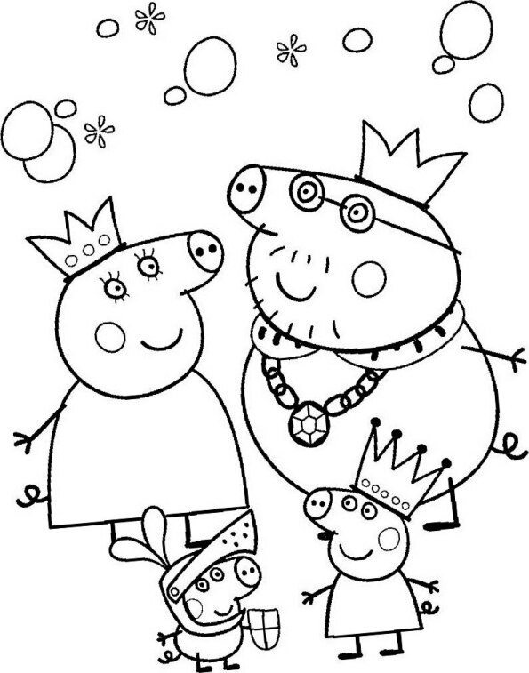 Dibujos kawaii para colorear de Peppa Pig con George, Mamá y Papá Pig disfrazados de reyes