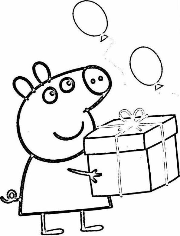 Dibujos kawaii para colorear de Peppa Pig con regalo y globos