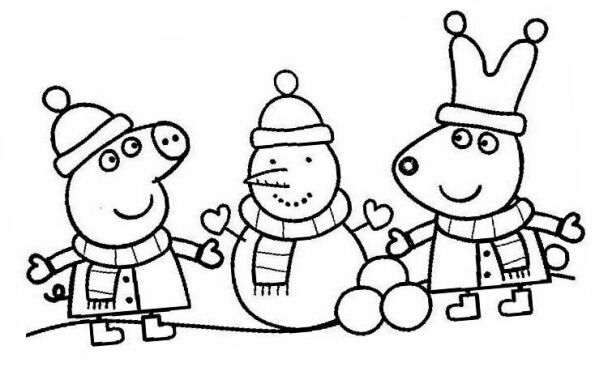 Dibujos kawaii para colorear de Peppa Pig con suzy sheep y muñeco de nieve