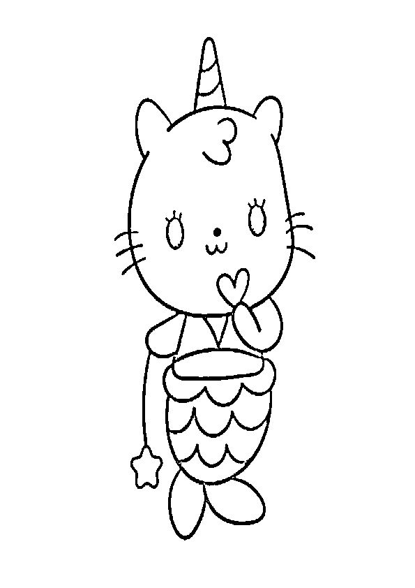 Dibujo de unicornio kawaii gatito sirena para imprimir y colorear
